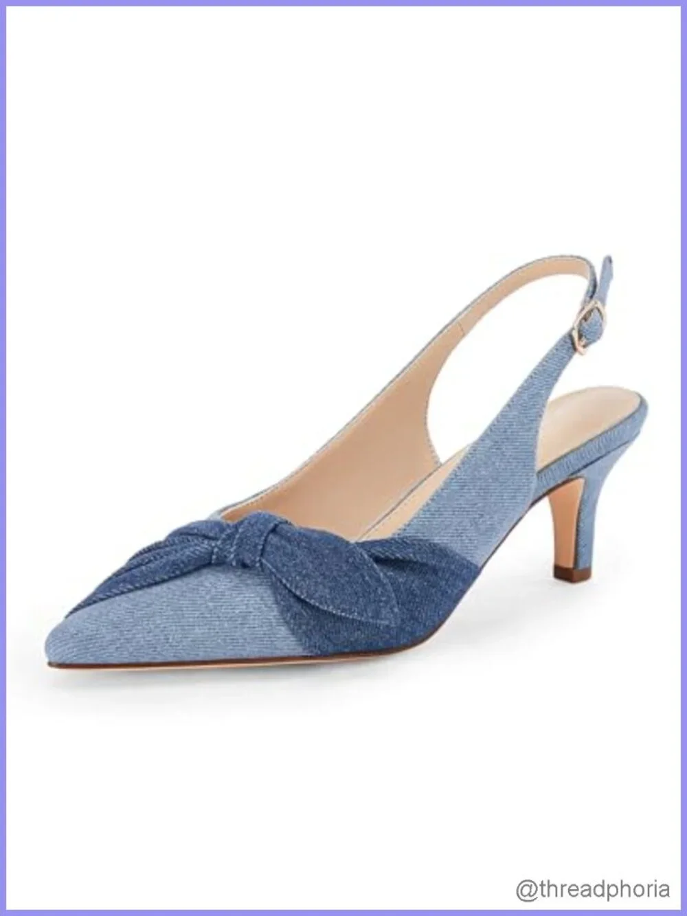Coutgo Women's Denim Slingback Kitten Heels Peep-Toe Pumps Side Bow Knot